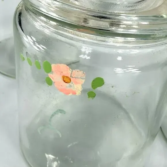 Set 3 Vintage Glass Apothecary Storage Jars 5" Painted Pink Flowers Cottage - Picture 3 of 8